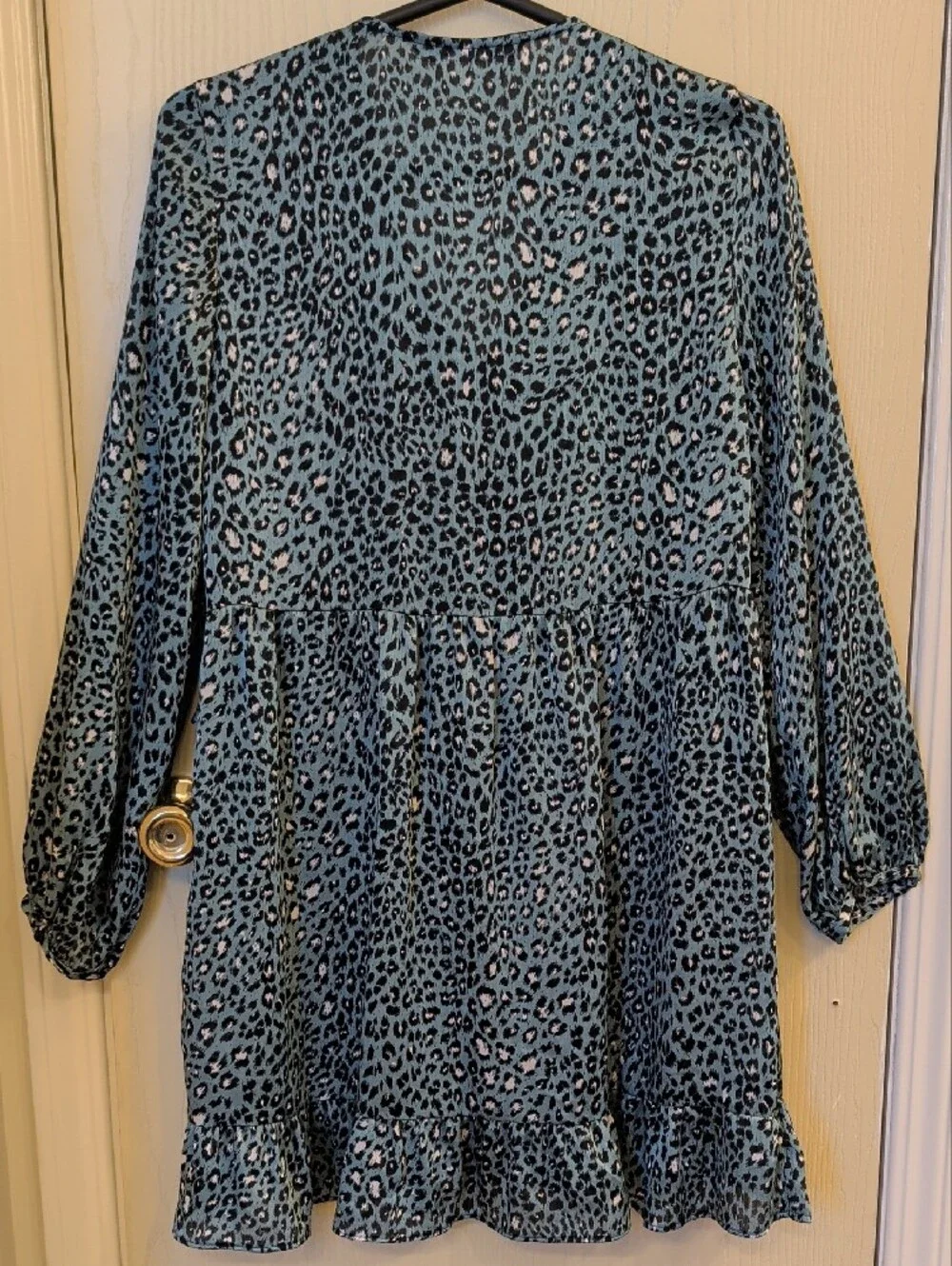 Zara Teal Black Leopard Print Ruffle Button Down Tunic Dress Size S